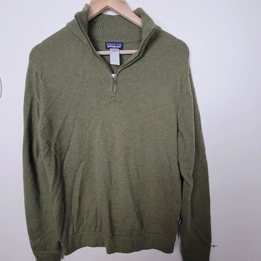 Patagonia Mens Green Lambswool Blend Outdoor 1/4 Zip Pullover Sweater Size Small